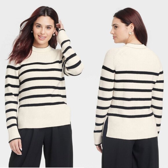 XS - Womens Crew Neck Pullover Sweater - A New Day - Black Cream Striped - Picture 1 of 6